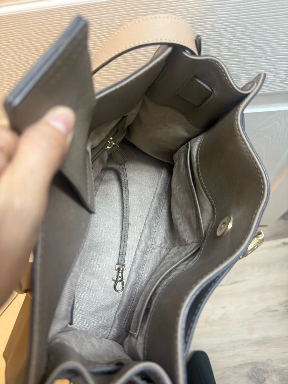 Michael Kors Gray-Taupe Leather Satchel with Gold Hardware
